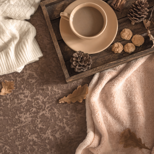 cozy coffee mug on a tray