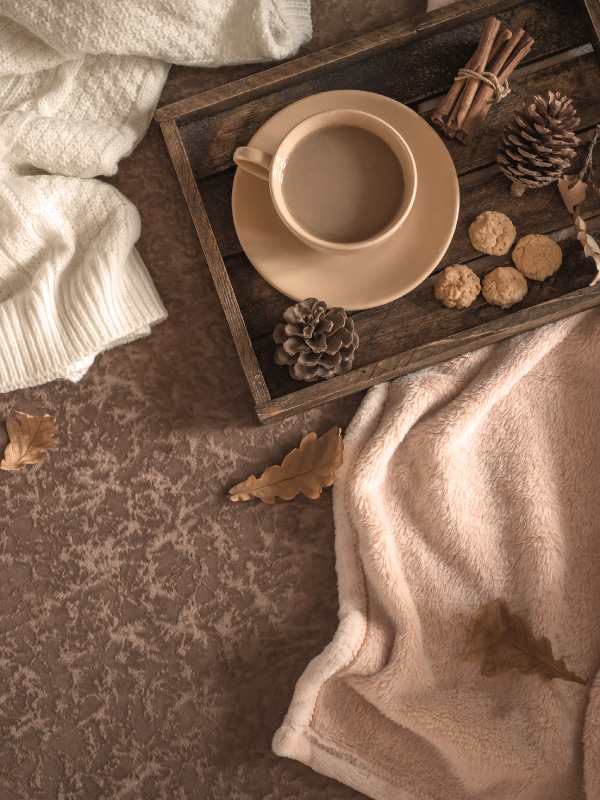 cozy coffee mug on a tray