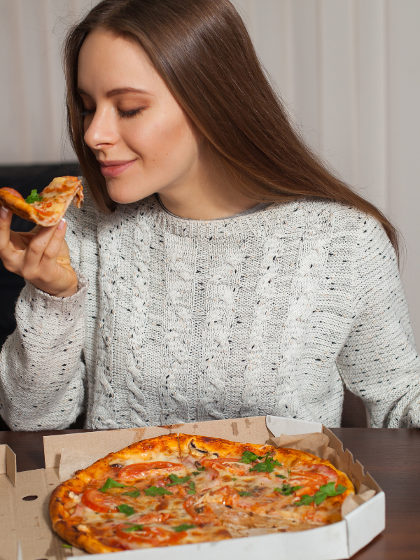 enjoying pizza in the evening
