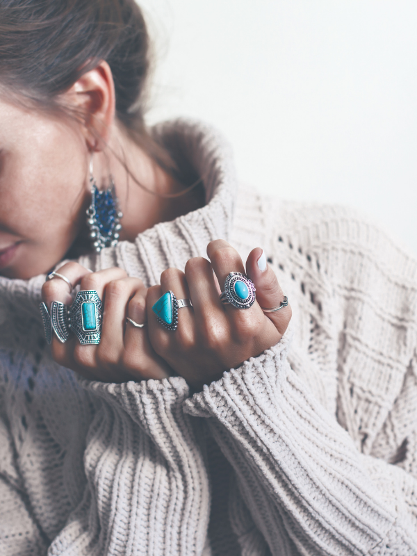 bohemian style woman with rings