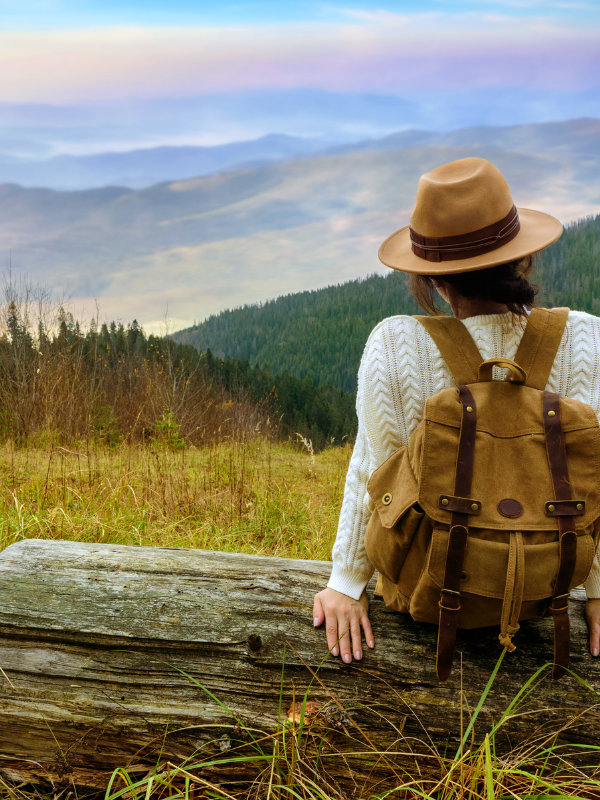 woman with a backpack sitting on a tree trunk