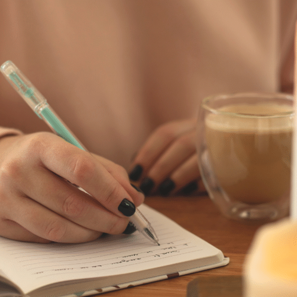 woman writing in her birthday journal prompts workbook