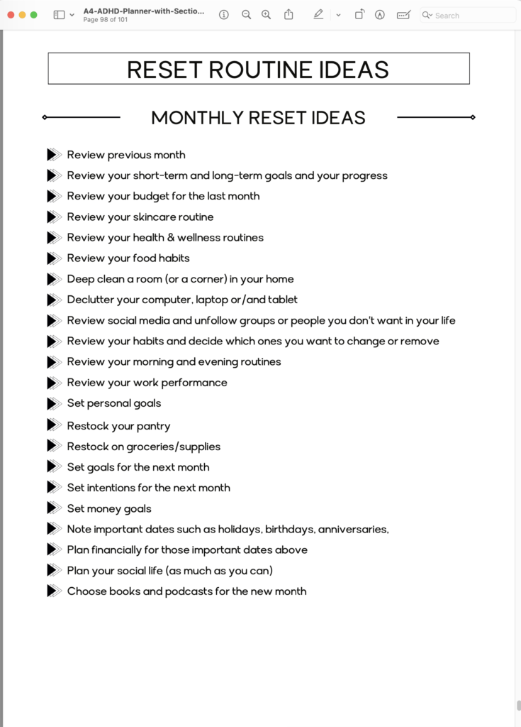 screenshot from an ADHD planner with monthly reset checklist
