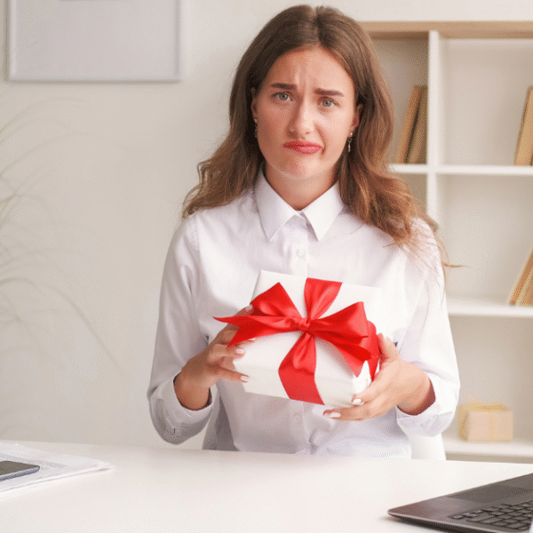 a woman with white blouse holding a gift and making a face of not liking the gift