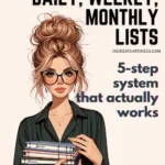 an image of a woman with a messy bun and glasses holding a stack of planners