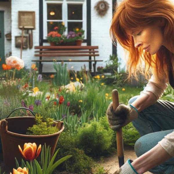 an image of a woman in her garden planting herbs at spring time