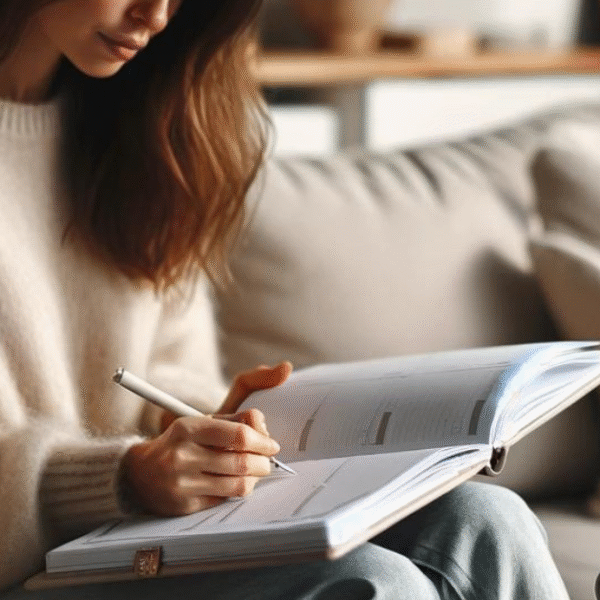 featured image of a woman sitting on a sofa and writing gin her end-of-month chcklist