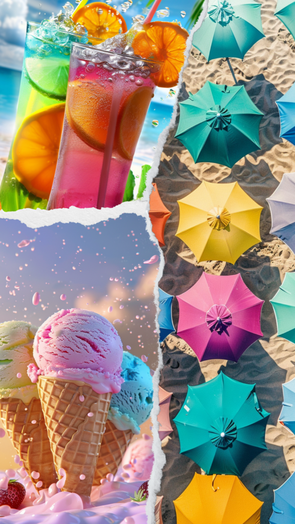 ice creams cocktails and summer beach umbrellas