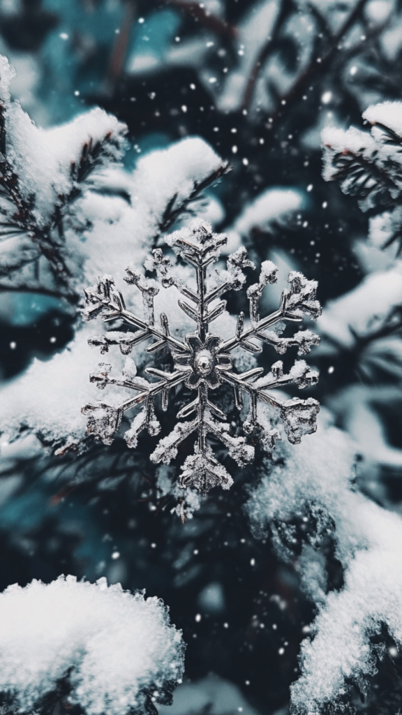a snowflake tucked on he branches of a tree