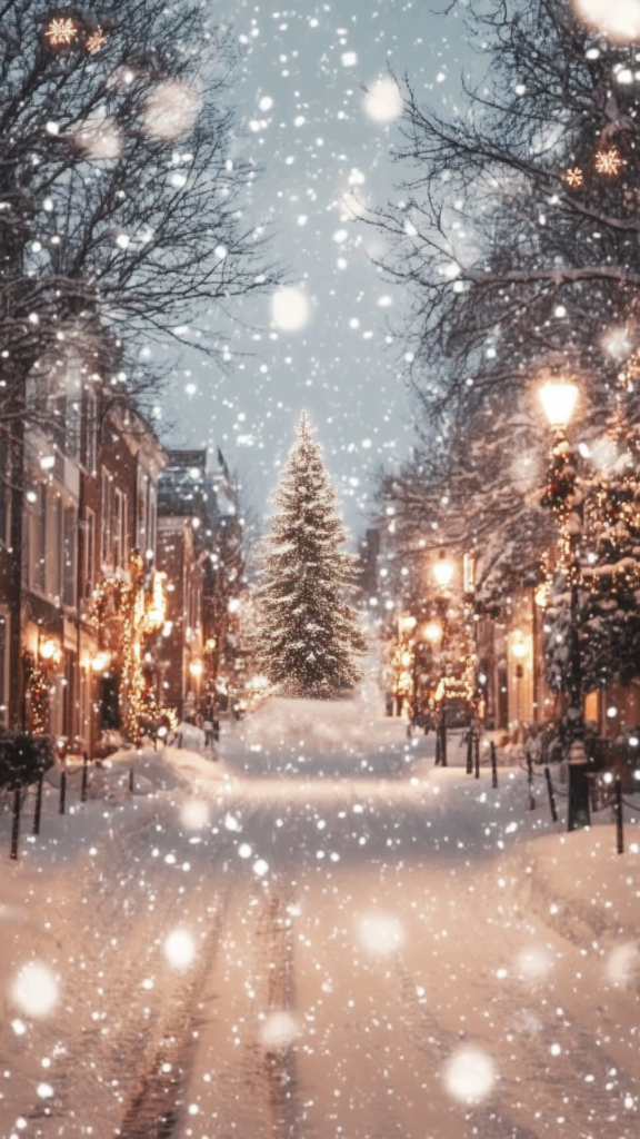 lights falling snow cozy evening