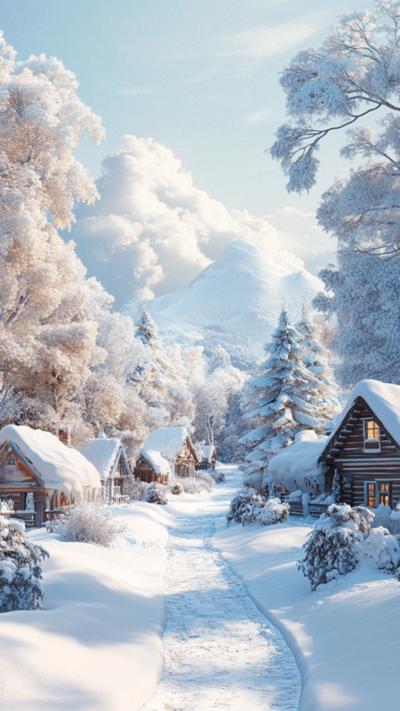 snowy mountain with winter cabins