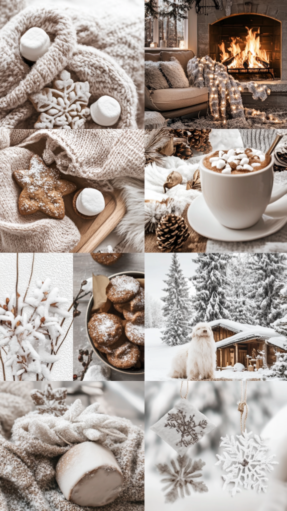 winter wallpaper collage fireplace hot cocoa marshmallows