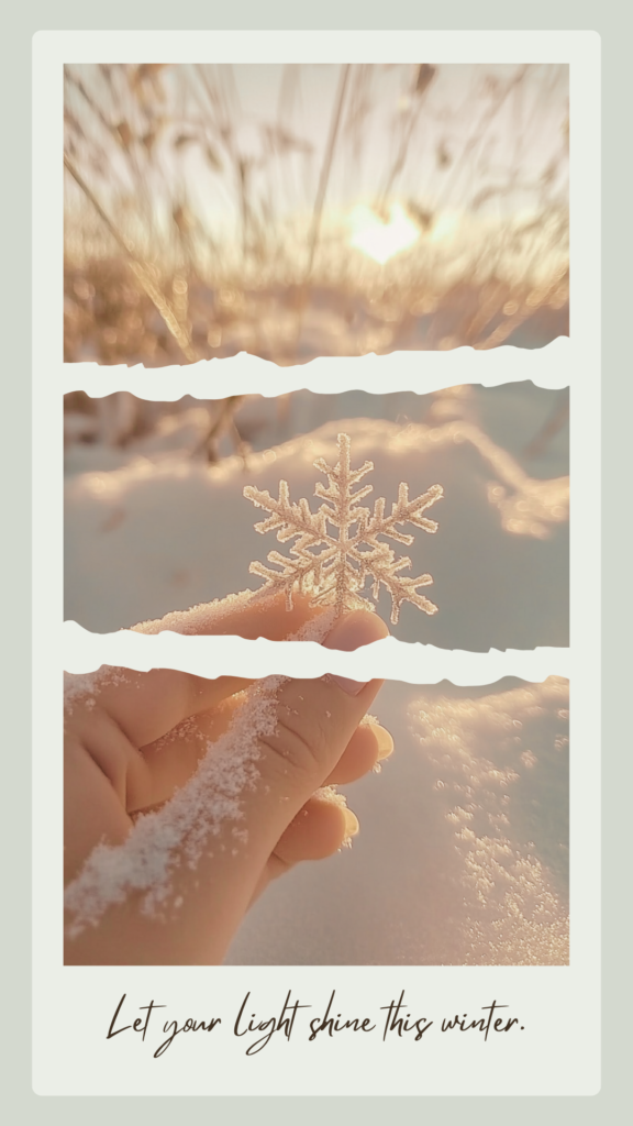 winter wallpaper collage of woman holding a single snowflake with quote