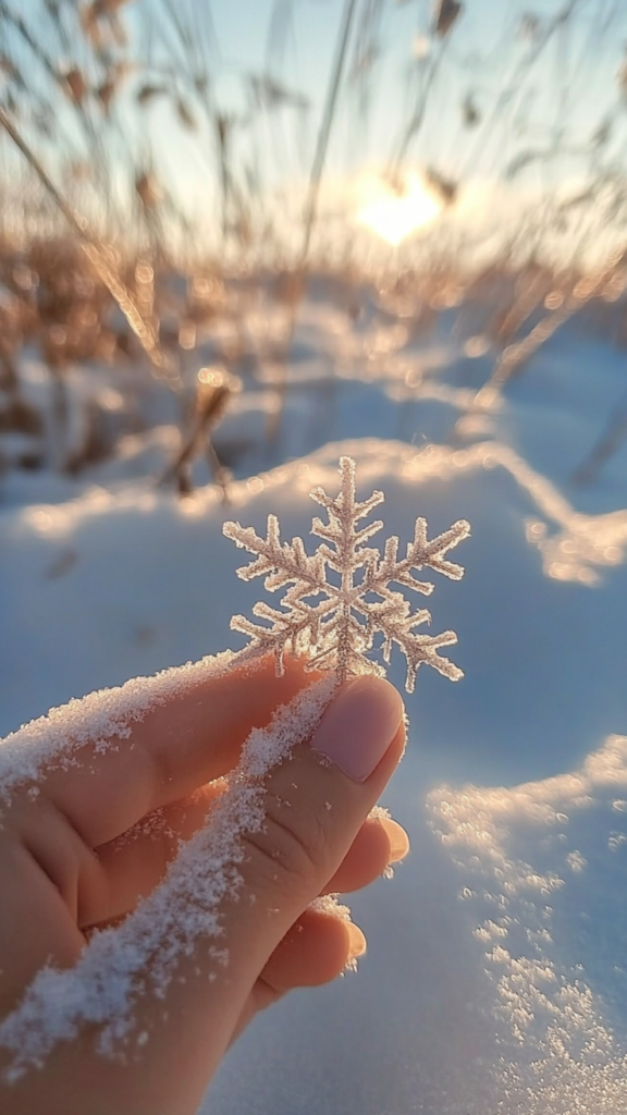 woman holding a snowflake and sun is shining behind
