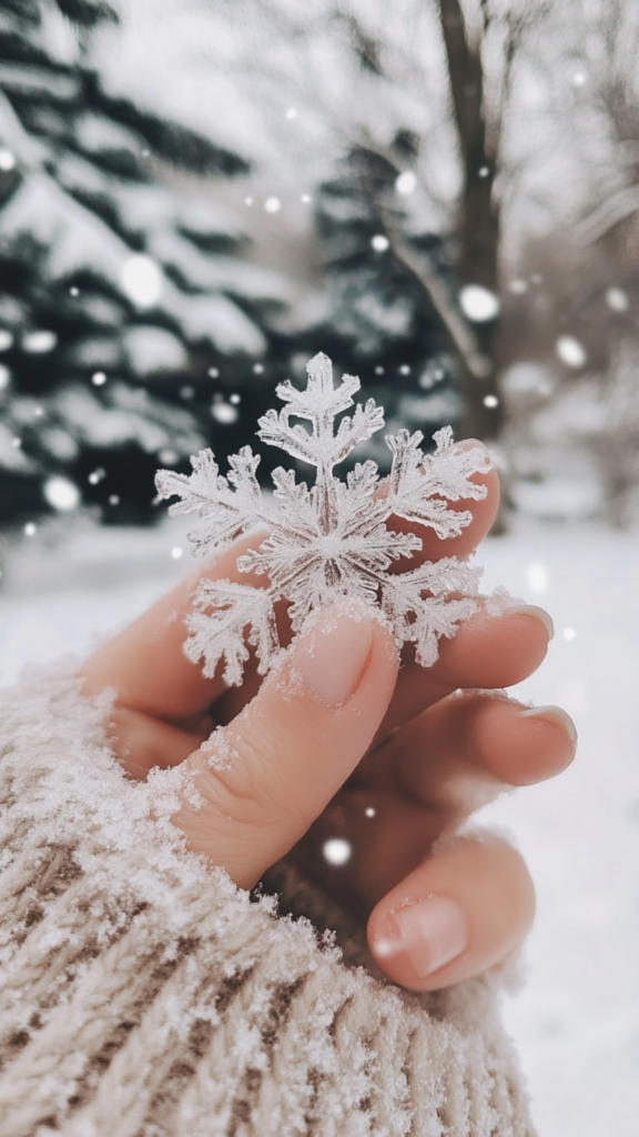 womans hand holding a snowflake winter landscape
