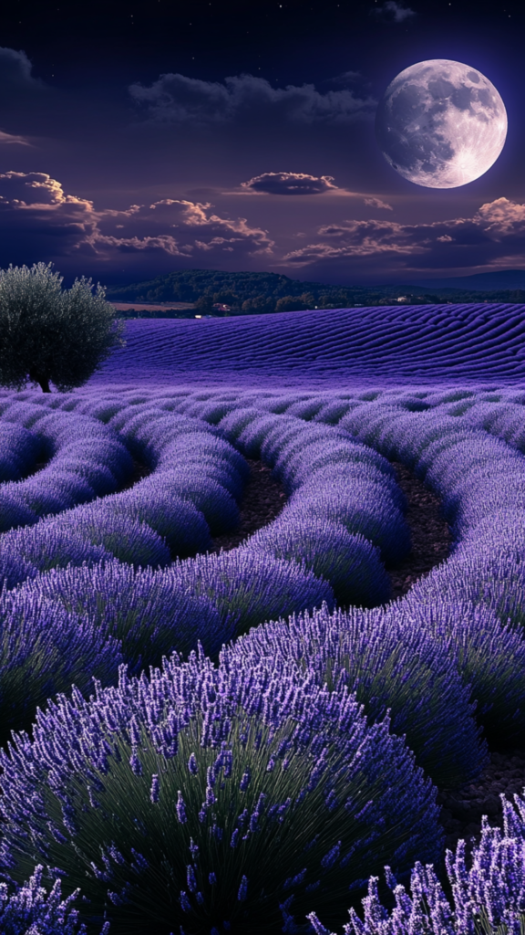 big moon shining over lavender fields cloudy puerple sky