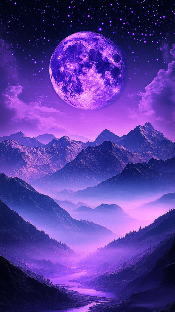 big purple moon over the gloomy mountains