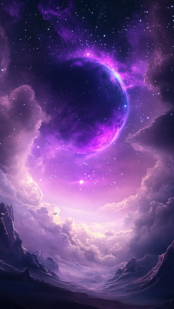 dreamy cloudy purple night sky with moon phone background