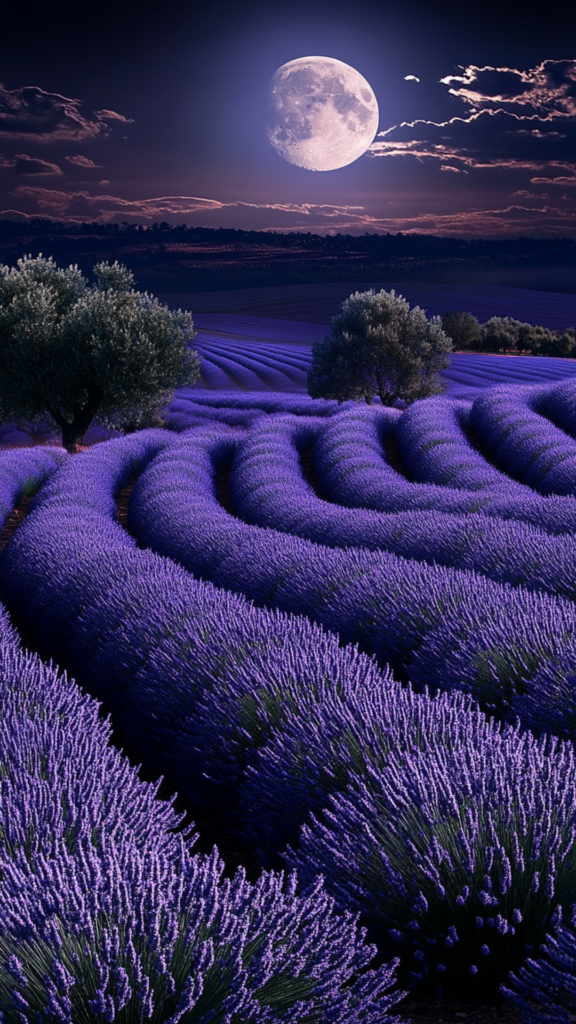 moon shining over lavender fields