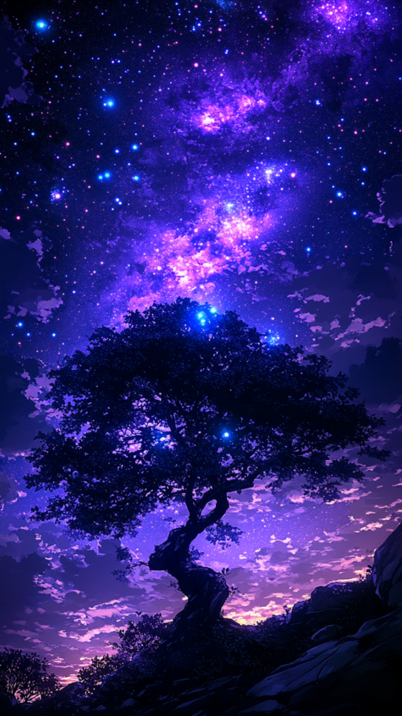 nighttime tree shadow on the purple night sky phone wallpaper design