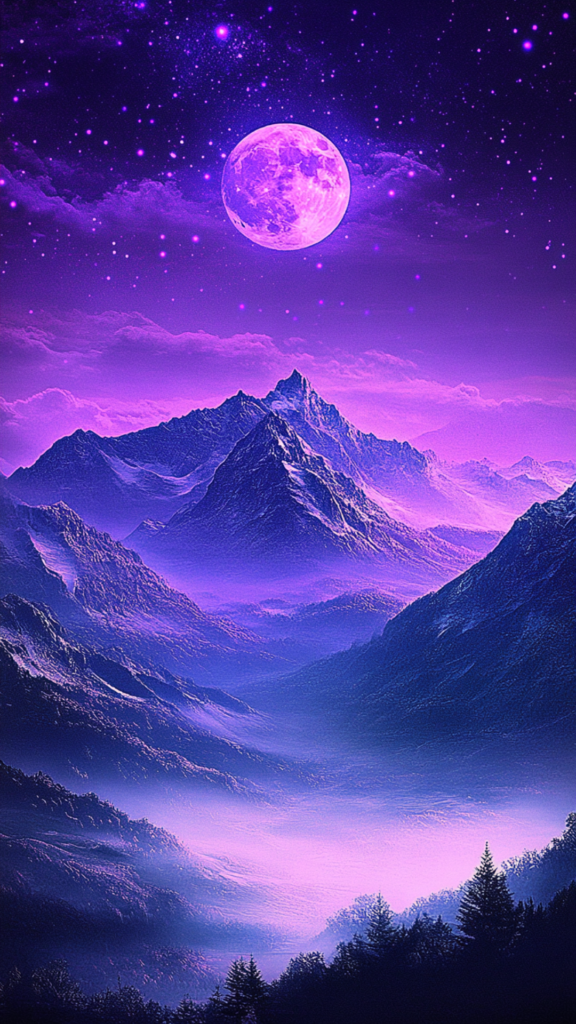 purple sky phone wallpaper moon and mountains