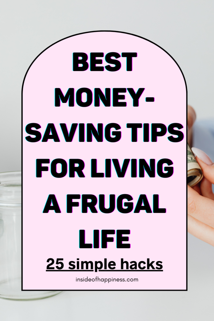a hand holding a roll with American dollars and text best money saving tips for living frugal